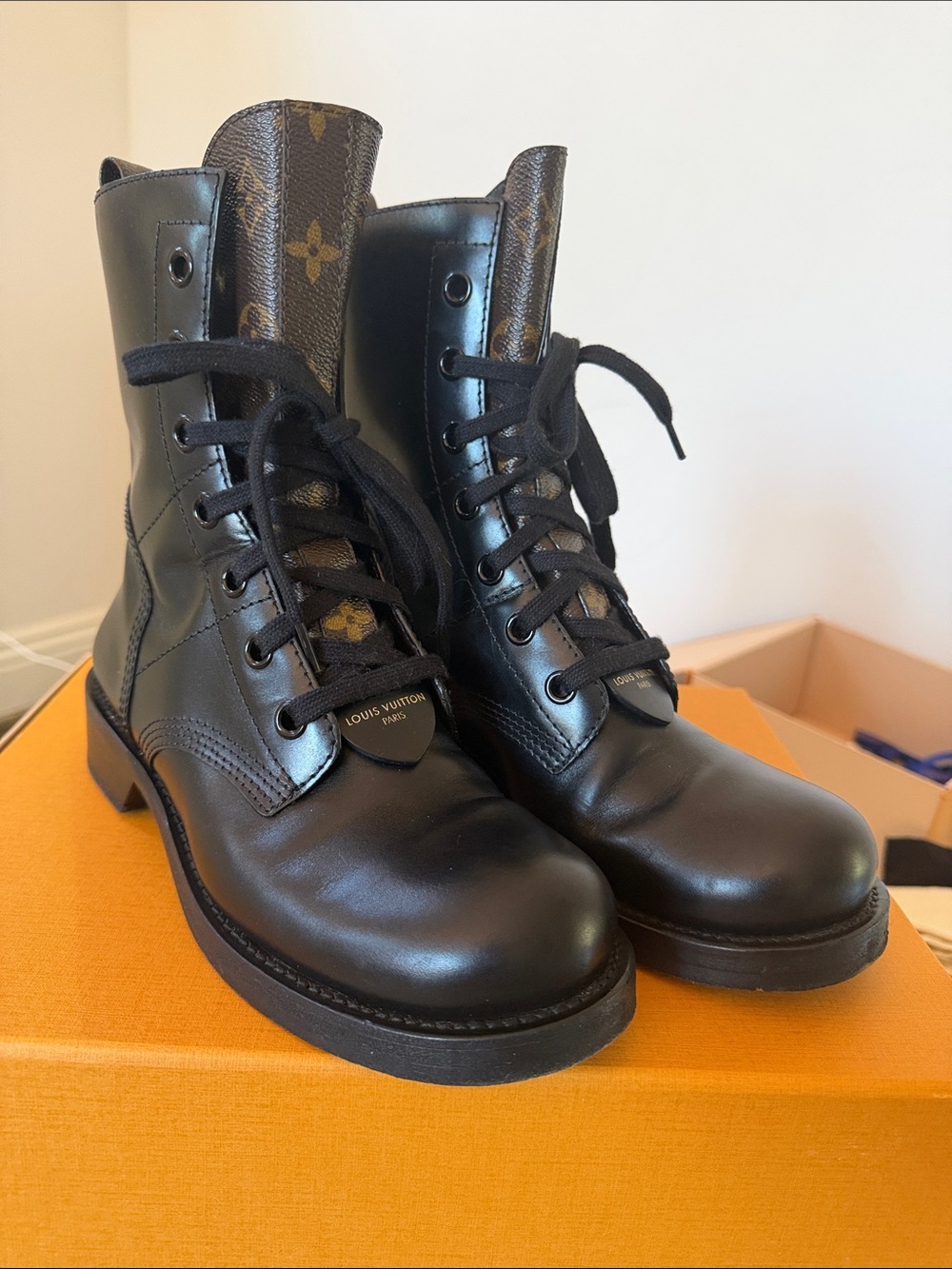 Louis Vuitton Black Leather Combat Boots with Monogram Accents